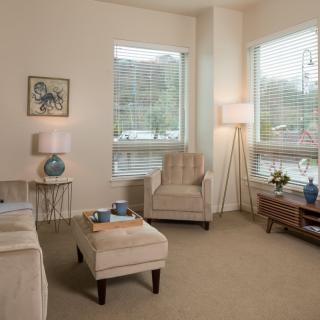A cozy and modern living room with neutral tones, featuring a plush armchair, ottoman, and large windows allowing ample natural light.