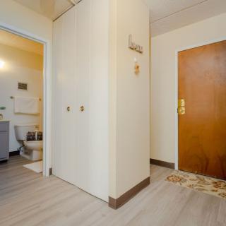 A view of an entrance hallway leading to a bathroom, featuring light-colored walls and wooden door.