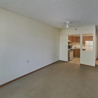 A spacious empty room with a carpeted floor and a ceiling fan, offering a view into the kitchen area.