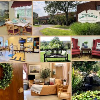 A glimpse into a welcoming community space with comfortable interiors, lush gardens, and areas for recreation.