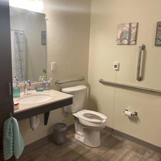 A clean and accessible bathroom with a sink, toilet, and mirror.