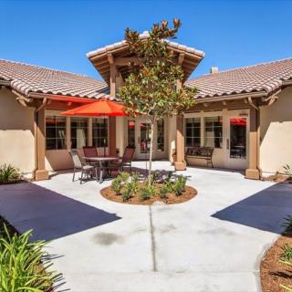 A sunny courtyard with patio furniture and landscaping in front of a building.