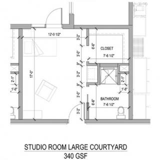 Floor plan of a studio room with a large courtyard, measuring 340 square feet.