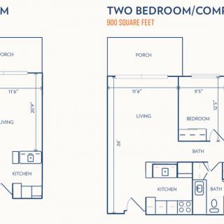 Blueprints of a studio and two-bedroom/combo apartment layout.