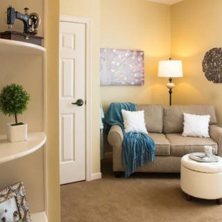 A cozy living room with a gray sofa, decorative pillows, and a blue throw blanket.