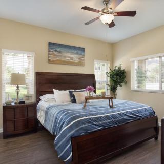 A cozy bedroom with a large bed, adorned with a blue striped comforter, flanked by wooden bedside tables. Sunlight pours in through several windows, and a ceiling fan hangs above.