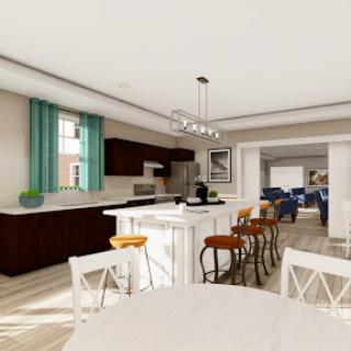 A beautifully designed modern kitchen and dining area featuring an open layout with stylish furnishings.