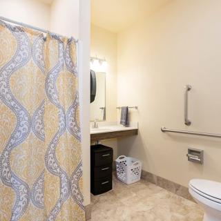A clean and accessible bathroom featuring a shower curtain, sink, mirror, toilet, and grab bar.