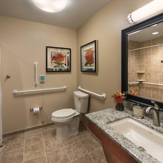A modern bathroom with accessibility features, including grab bars and a spacious layout.
