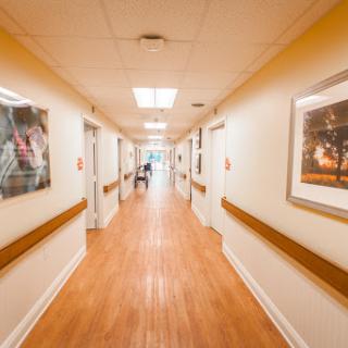 A well-lit hospital hallway featuring artwork on the walls and a warm wooden floor.