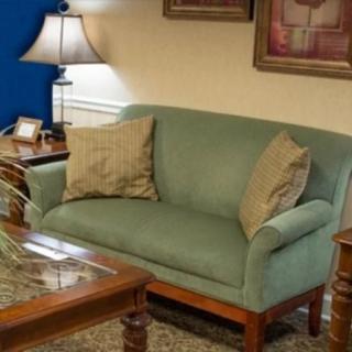 A cozy living room with a green sofa, cushioned pillows, a wooden coffee table, and a standing lamp.