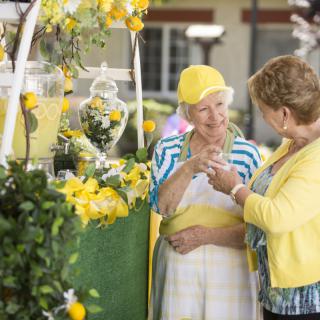 Two elderly women enjoying a conversation at a lemonade stand decorated with flowers and yellow accents.