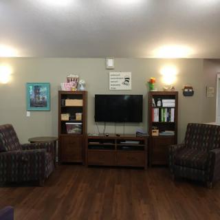 A cozy living room with chairs, a television, and bookshelves against a wall with wood flooring.