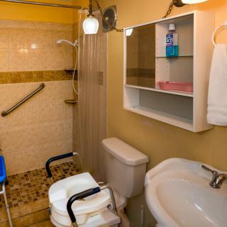 An accessible bathroom with a shower, toilet equipped with support handles, a sink and a mirror cabinet.