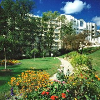 A scenic view of a well-maintained garden with colorful flowers and a modern building in the background, under a clear blue sky.