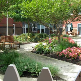 A peaceful garden with a pathway, surrounded by colorful flowers and trees, featuring wooden benches for relaxation.
