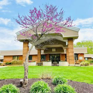 A beautifully landscaped building with a blossoming tree in the foreground against a clear blue sky.