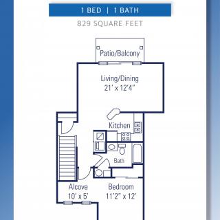 Floor plan of a 1-bedroom, 1-bathroom apartment with living/dining area.