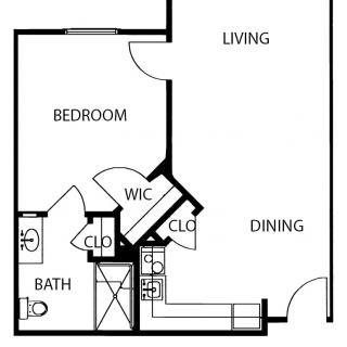 A floor plan showing a one-bedroom apartment with designated living, dining, kitchen, and bathroom areas.