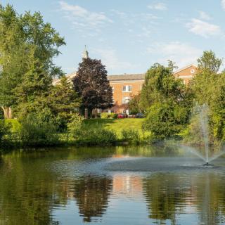 A serene landscape featuring a pond with a fountain, surrounded by lush greenery and a building in the background.