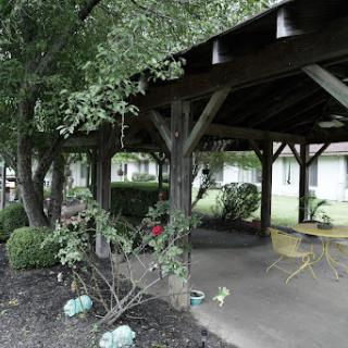 A serene outdoor pavilion surrounded by lush greenery, providing a tranquil space for relaxation.