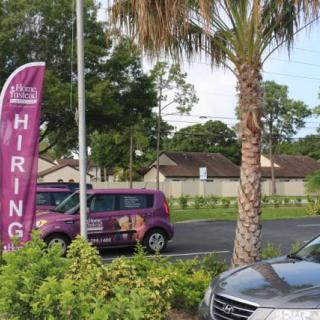 A 'Hiring' sign is placed outdoors near a road with a parked car and palm tree.