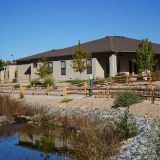 A modern house situated near a serene water body, surrounded by trees and landscaped with gravel.