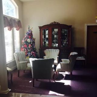 A cozy living area with chairs surrounding a coffee table, alongside a display cabinet and decorative tree.