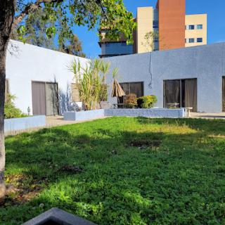A serene courtyard surrounded by buildings, featuring lush green grass and a well-maintained garden.