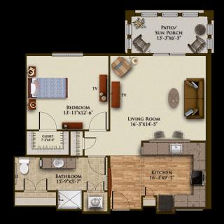 A one-bedroom apartment floor plan featuring a living room, kitchen, dining area, bathroom, and patio.