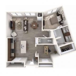 A 3D floor plan of a one-bedroom apartment, featuring a spacious living room, kitchen, and bathroom.
