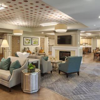A modern and elegantly designed living room featuring comfortable seating, a fireplace, and stylish decor.
