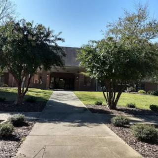A sunny view of a building with a landscaped walkway and trees.