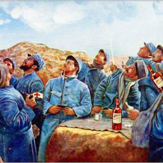 A group of soldiers celebrating together, gazing upwards in a moment of joy and camaraderie.