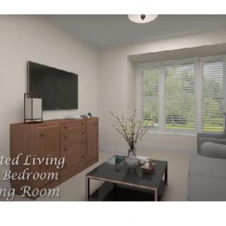 A modern living room with a TV, dresser, and comfortable seating.