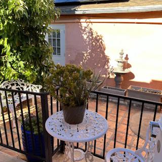A serene outdoor balcony with a potted plant and a fountain in the background, basking in the sunlight.