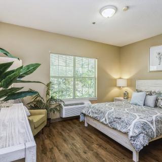 A cozy bedroom with a bed, desk, chair, and potted plant near the window.