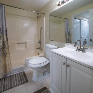 A modern bathroom with a sink, toilet, and shower area.