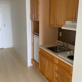 A compact kitchen with wooden cabinets, featuring a sink, refrigerator, electric stove, and vent hood.