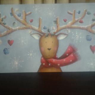 A cute illustration of a reindeer wearing a red scarf, surrounded by hearts.