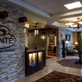 A modern reception area with stone walls and stylish lighting.
