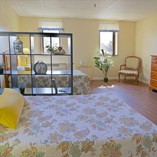 A bright and spacious bedroom with a floral bedspread, decorative plants, and elegant furniture.