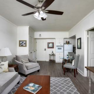 A modern living room with stylish furniture and decor.