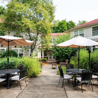A serene outdoor seating area adorned with umbrellas and surrounded by lush greenery.