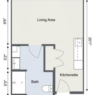 Floor plan of a studio apartment with a living area, kitchenette, and bathroom.