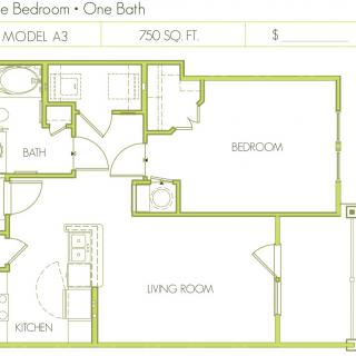 Floor plan of a one-bedroom, one-bathroom apartment.