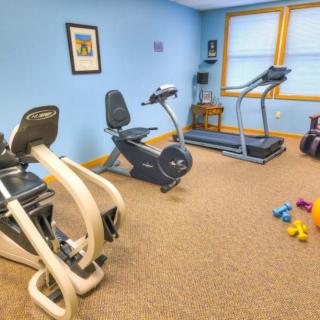 A cozy home gym featuring a treadmill, stationary bike, and various weights.
