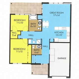 A detailed floor plan showing the layout of an apartment, including bedrooms, bathrooms, kitchen, great room, and garage.