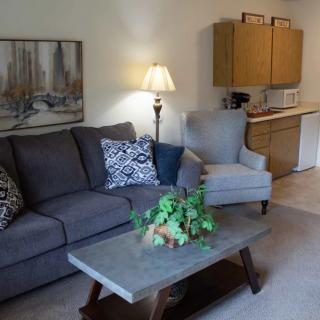 A cozy living room with a sofa, armchair, and coffee table, adjacent to a compact kitchen area.