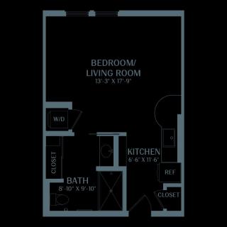 Studio apartment floor plan with designated areas for living, kitchen, and bathroom.
